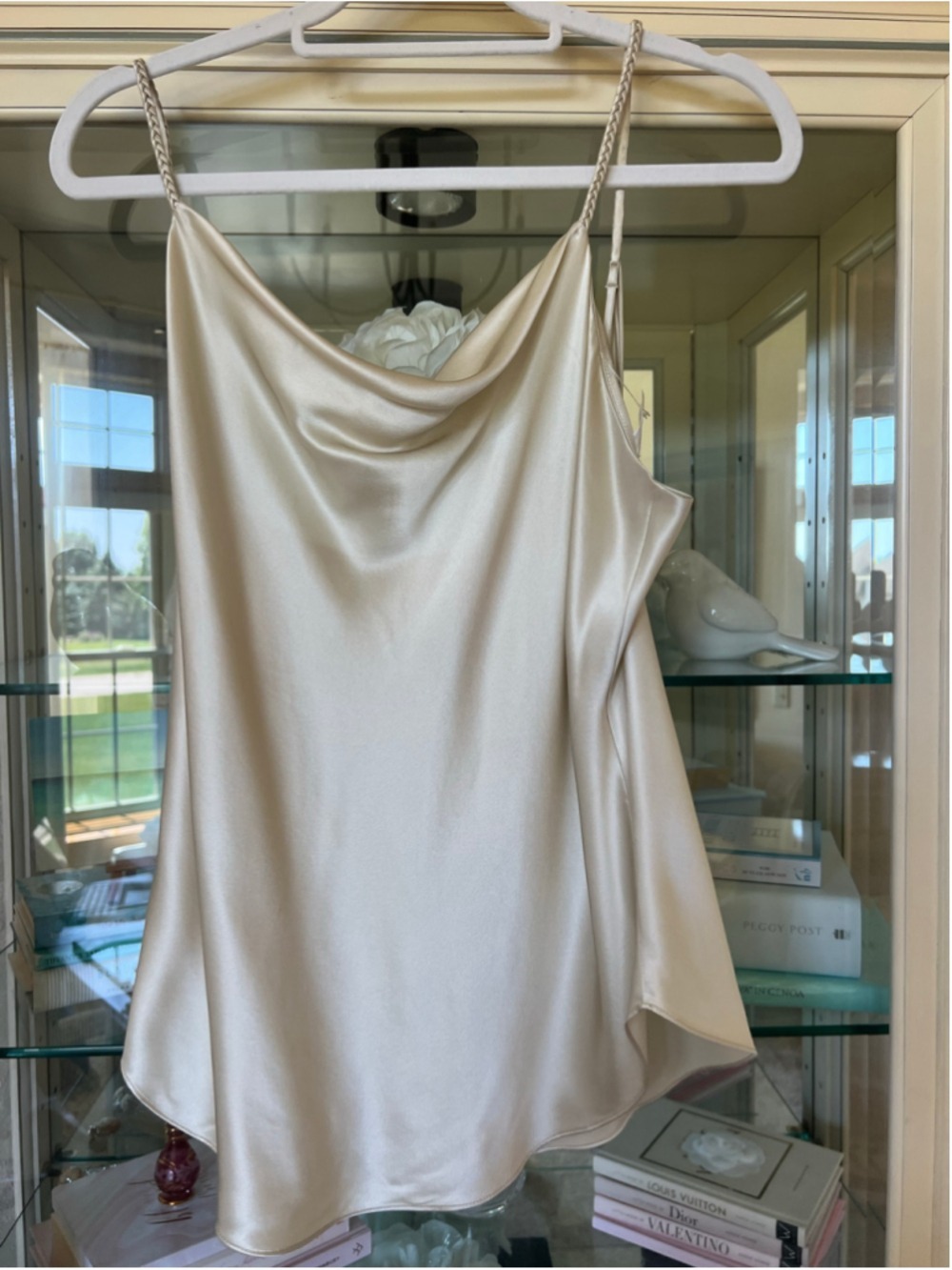 Cinq a Sept Cream Gold Satin Cowl Neck Camisole Top L Braided Tassels Quiet Lux - Picture 10 of 12